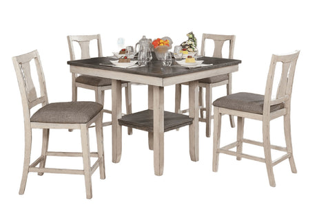 Dining Room Rustic Style Antique White 5pc Dining Set Counter Height Table w Shelf Unique High Chairs Furniture - sold by Home Elegance USA