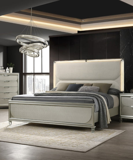Glamorous Luxury Silver Fabric Upholstered Queen Size Bed w LED 2x Nightstands Embossed Panel 3pc Set Bedroom Furniture - sold by Home Elegance USA