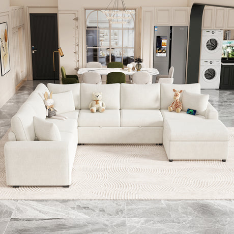 Cream Tweed Chenille Sectional Sofa with Pull-out Bed and Storage Ottoman, 112.2' for Living Room - sold by Home Elegance USA