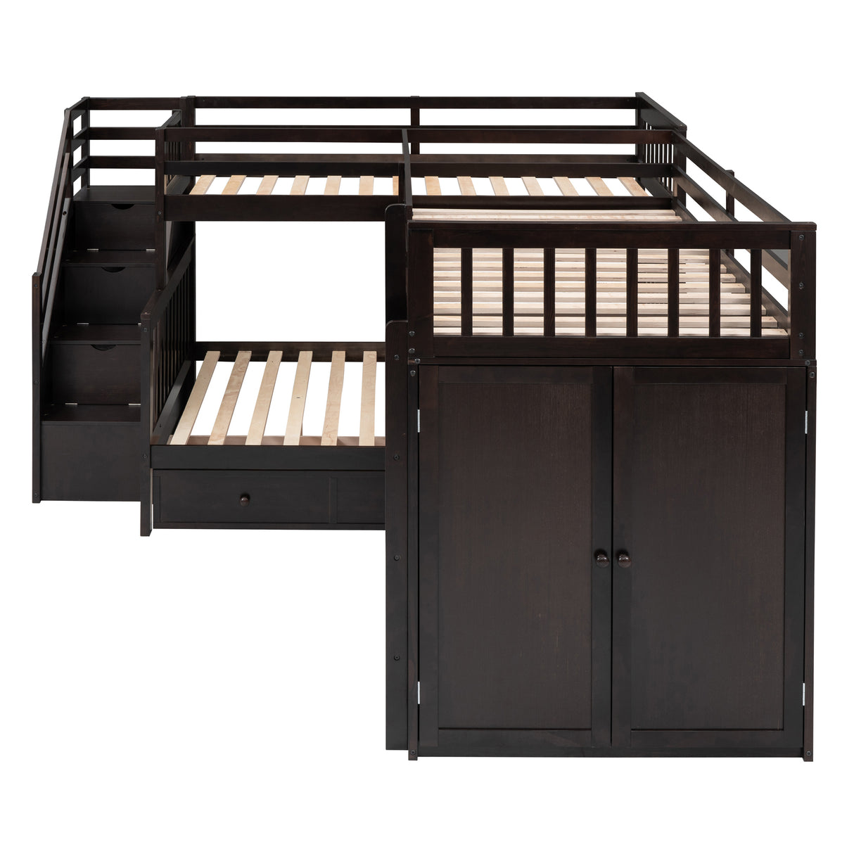 Twin-Twin over Full L-Shaped Bunk Bed With 3 Drawers, Portable Desk and Wardrobe, Espresso - Home Elegance USA