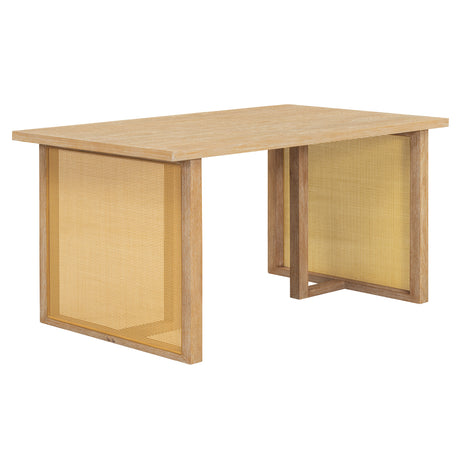 TREXM 7-Piece Farmhouse Dining Table Set for 6 - 59.8' Rectangular Dining Table with Distressed Oak Veneer and 6 Rattan Chairs, Rustic Kitchen Furniture for Dining Room(Natural) - sold by Home Elegance USA