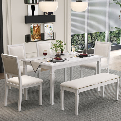 TREXM Vintage Extendable Dining Table Set for 6 with 4 Chairs & Bench, 59 to 72-Inch Rustic Farmhouse Kitchen Table Set with Distressed Finish and Retro Carved Legs (Washed White) - sold by Home Elegance USA