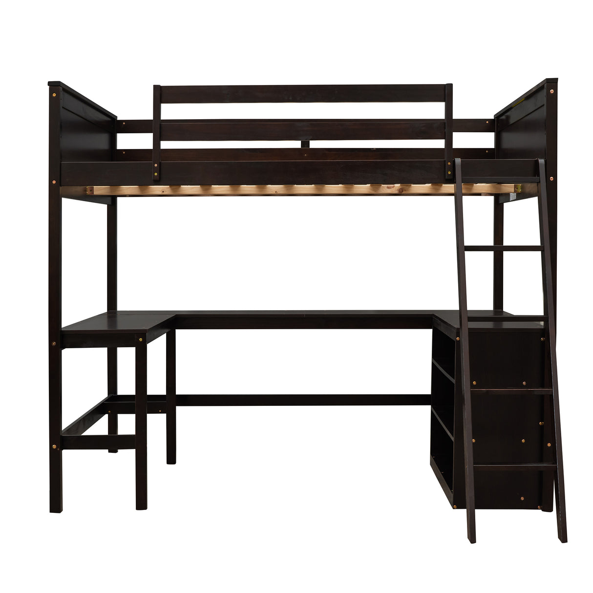 Full size Loft Bed with Shelves and Desk, Wooden Loft Bed with Desk - Espresso - Home Elegance USA