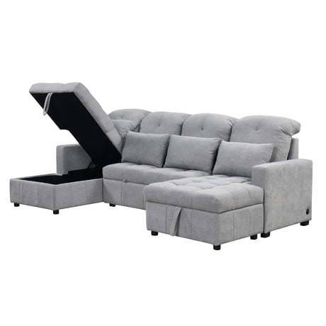 Versatile Oversized U-shaped Sectional Sofa Bed with Storage Chaise Lounges and USB Ports, Gray Chenille, 110.2' - sold by Home Elegance USA