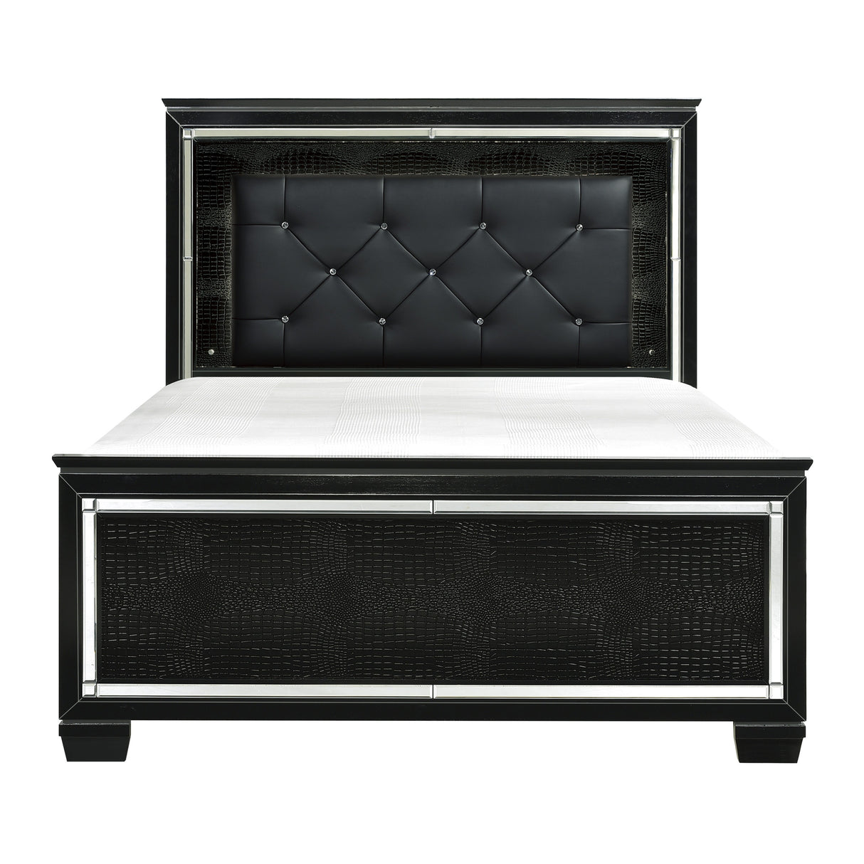 Black Finish Upholstered Button-Tufted 1pc Queen Size Bed LED Headboard Faux Alligator Embossed Textural Panels Wooden Bed