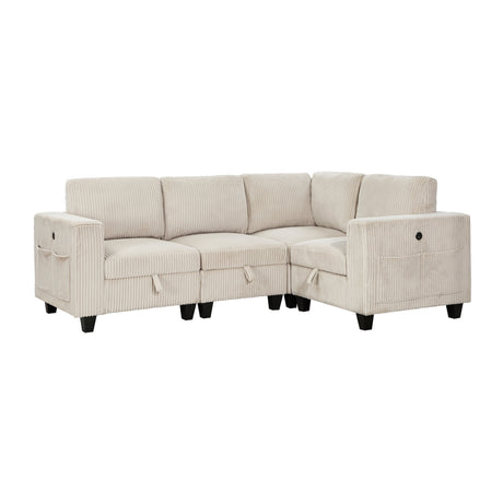 4-Piece Modular Sectional with Storage Seats, Side Pockets, Charging Ports Beige Corduroy Fabric Modern Living Room Sectional Couch Solid Wood Furniture - sold by Home Elegance USA