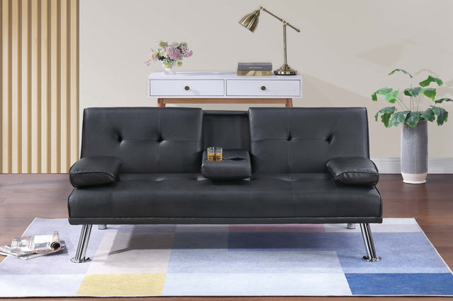 Black Color Faux Leather 1pc Adjustable Sofa Fold-Down Table W/ Cup Holders Tufted Upholstered Plush Cushion Couch Living Room