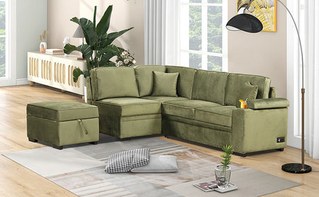 Green Velvet Sleeper Sofa Bed with Storage Ottoman, L Shape Pull Out Couch for Living Room and Bedroom - sold by Home Elegance USA