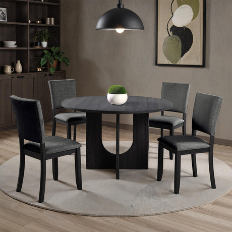 Contemporary Style 5pc Dining Set Kitchen Dinette Dark Gray Upholstered Fabric Chairs Round Table Pedestal Base Table 4x Side Chairs Dining Room - sold by Home Elegance USA