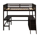 Full size Loft Bed with Shelves and Desk, Wooden Loft Bed with Desk - Espresso - Home Elegance USA