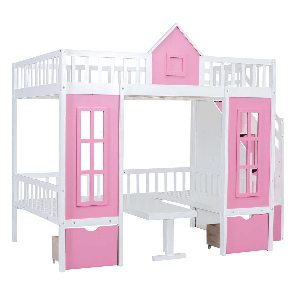 Full-Over-Full Bunk Bed with Changeable Table, Bunk Bed Turn into Upper Bed and Down Desk -Pink - Home Elegance USA