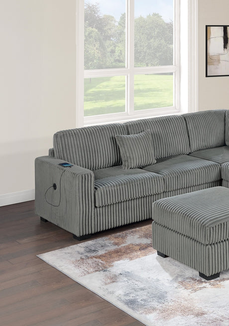 Living Room Corduroy Upholstered Smoke 4pc Sectional Set RAF/LAF One-Arm Loveseat W/USB, Corner Wedge, Cocktail Ottoman Cushion Couch - sold by Home Elegance USA