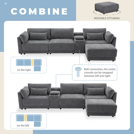 124'' L-Shaped Sectional Sofa with Multi-Functional Storage Console, Wired&Wireless Charger, Movable Ottoman, Wider&Thicker Cushion, Free Combination for Living Room&Apartment, Chenille - sold by Home Elegance USA