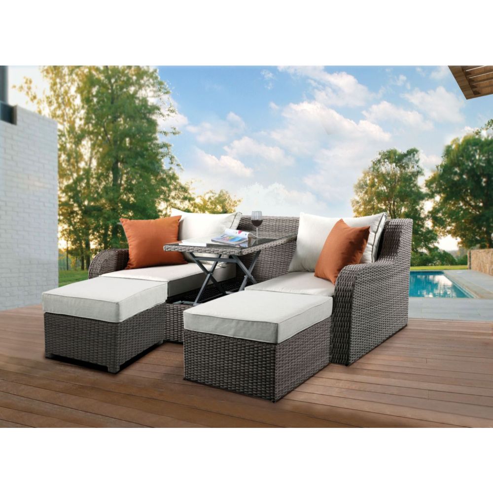 Acme - Salena Patio Sofa W/2 Pillows & 2 Ottomans 45010 Beige Fabric & Gray Wicker