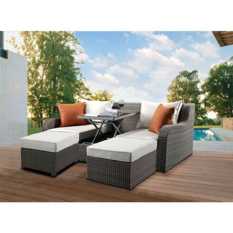 Acme - Salena Patio Sofa W/2 Pillows & 2 Ottomans 45010 Beige Fabric & Gray Wicker