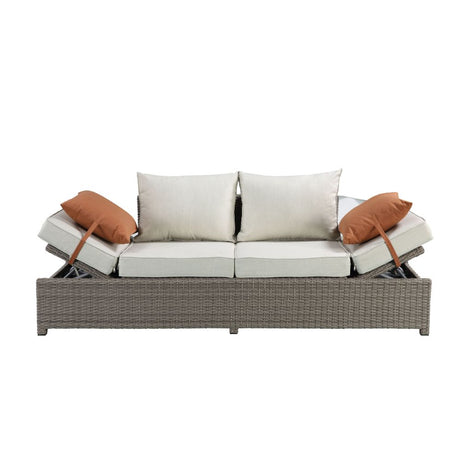 Acme - Salena Patio Sofa W/2 Pillows & Ottoman 45015 Beige Fabric & Gray Wicker