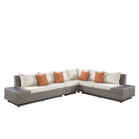 Acme - Salena Patio Sectional Sofa W/4 Pillows & Coffee Table 45020 Beige Fabric & Gray Wicker