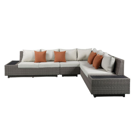 Acme - Salena Patio Sectional Sofa W/4 Pillows & Coffee Table 45020 Beige Fabric & Gray Wicker