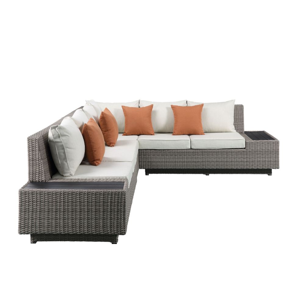 Acme - Salena Patio Sectional Sofa W/4 Pillows & Coffee Table 45020 Beige Fabric & Gray Wicker