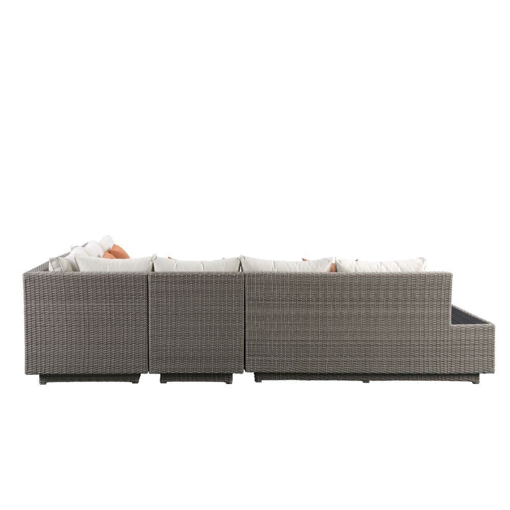 Acme - Salena Patio Sectional Sofa W/4 Pillows & Coffee Table 45020 Beige Fabric & Gray Wicker