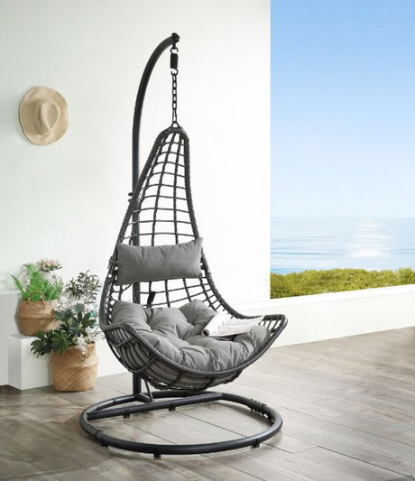 Acme - Uzae Hanging Chair 45105 Gray Fabric & Charcoal Wicker