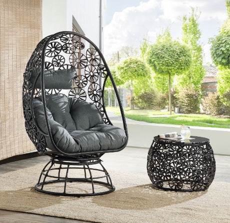 Acme - Hikre Patio Lounge Chair & Side Table 45113 Clear Glass, Charcoal Fabric & Black Wicker