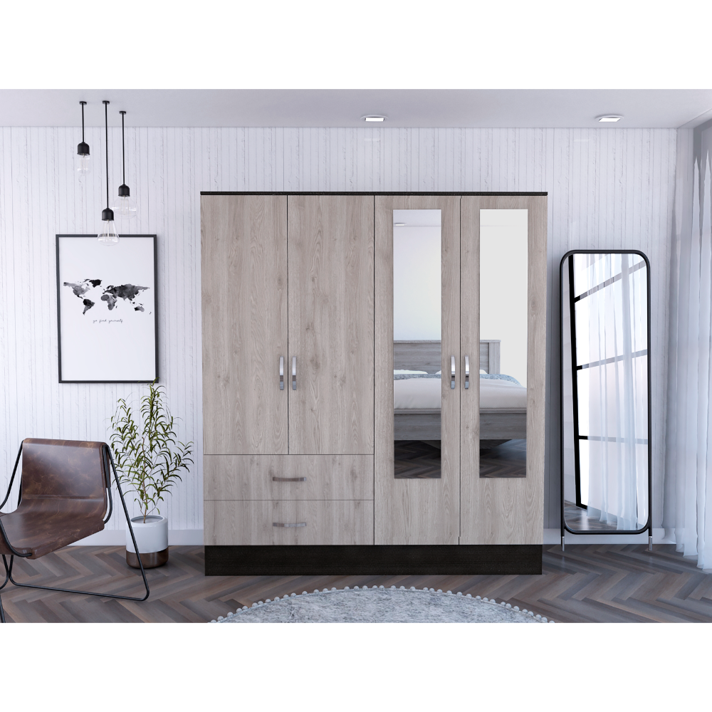 Bolton 160 Armoire, Six Shelves, Two Double Door Cabinets, Two Mirrors, Two Drawers, Rod Black / Light Gray - sold by Home Elegance USA