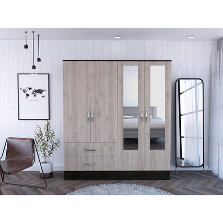 Bolton 160 Armoire, Six Shelves, Two Double Door Cabinets, Two Mirrors, Two Drawers, Rod Black / Light Gray - sold by Home Elegance USA