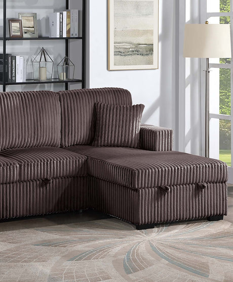 Chocolate Finish Convertible Sectional Upholstered Corduroy 3pc RAF And LAF Storage Chaises Pull Out Middle Section Pillow Included Primary Living Room - sold by Home Elegance USA