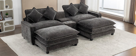 Modern Chenille Upholstered Sectional Sofa with Ottomans, USB Ports, Cup Holders, and Storage in Grey - sold by Home Elegance USA