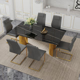 Table and chair set.The table has a glass tabletop with imitation marble pattern stickers and stainless steel golden legs. Paried with 6 comfortable chairs with PU seats and metal legs.W1151S01515