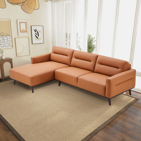 Ella Mid Century Modern L-Shaped Cognac PU Leather Left Sectional Couch with Solid Wood Frame - sold by Home Elegance USA