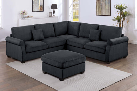 4pc Sectional Set Matching Pillow Cocktail Ottoman Corner Wedge Right And Left Arm Loveseat Corduroy Upholstered Black Finish Primary Living Room - sold by Home Elegance USA