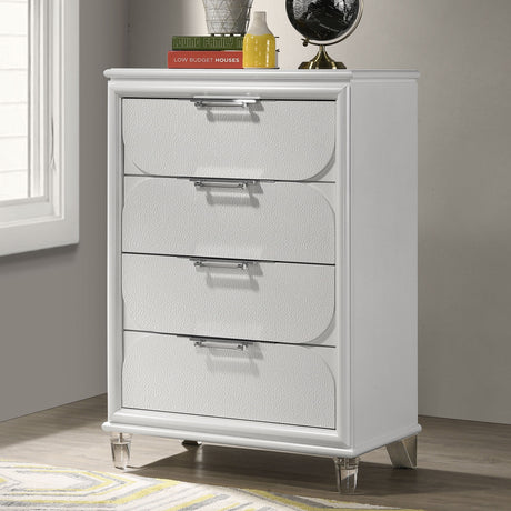Contemporary Glam Pearl White 1pc Chest of Drawers Acrylic Handles Embossed Panels English Dovetails 5-Drawers Tall Dresser