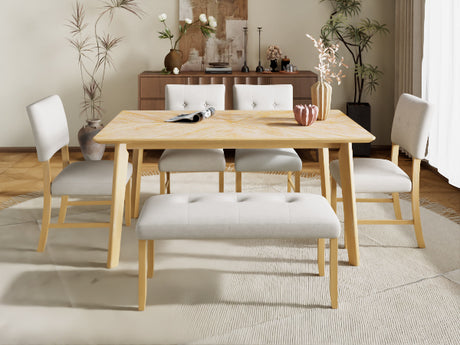 6 Piece Dining Room Table Set, Rustic Farmhouse Dining Room Rectangular Table with 4 Upholstered Chairs and Bench, Solid Wood Kitchen Dining Table Set for 6 Persons (Easy Assembly, Natural Wood Wash) - sold by Home Elegance USA