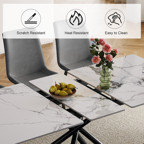Modern 59-inch Expandable Dining Table with Retractable Leaf, Charred Stone Top & Black Carbon Steel X-Base, 4-8 Person Set with 8 Gray PU Chairs for Small Apartments, Kitchen - sold by Home Elegance USA