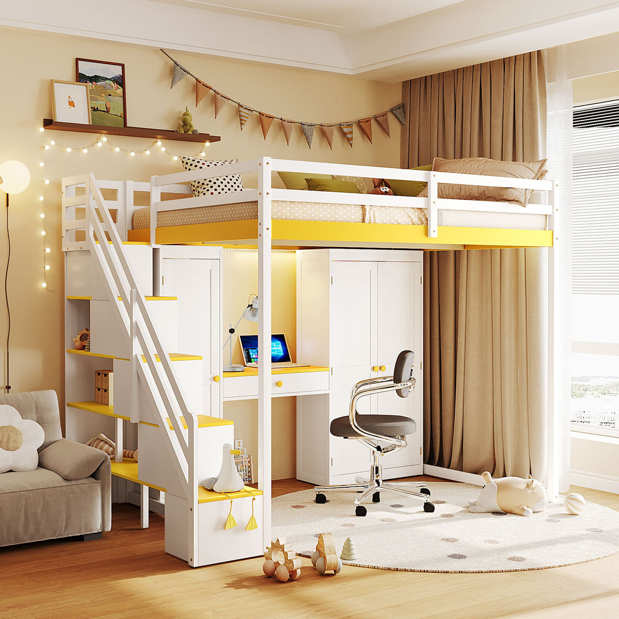 Full Size Loft Bed with Storage Staircase,Built-In Dressing Table with Mirror and Drawer, Wardrobe & Cabinets, USB Charging Ports and Lights, White+Yellow