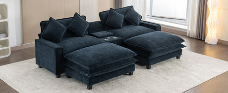 Contemporary Chenille Upholstered Sectional Sofa with Ottomans, USB Ports, Cup Holders & Storage, Blue - sold by Home Elegance USA