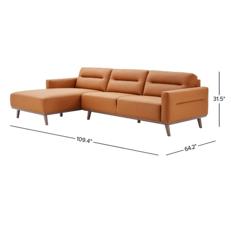 Ella Mid Century Modern L-Shaped Cognac PU Leather Left Sectional Couch with Solid Wood Frame - sold by Home Elegance USA