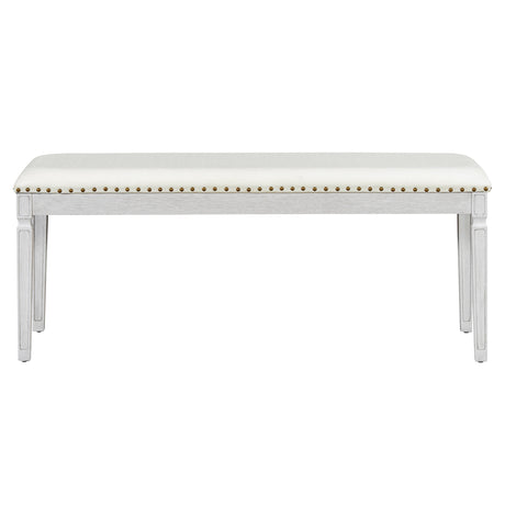 TREXM Vintage Extendable Dining Table Set for 6 with 4 Chairs & Bench, 59 to 72-Inch Rustic Farmhouse Kitchen Table Set with Distressed Finish and Retro Carved Legs (Washed White) - sold by Home Elegance USA