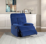 Reclining Chair Blue Velvet Upholstery Square Tufted Back Pillowtop Arms Solid Wood Furniture Modern Living Room Recliner 1pc