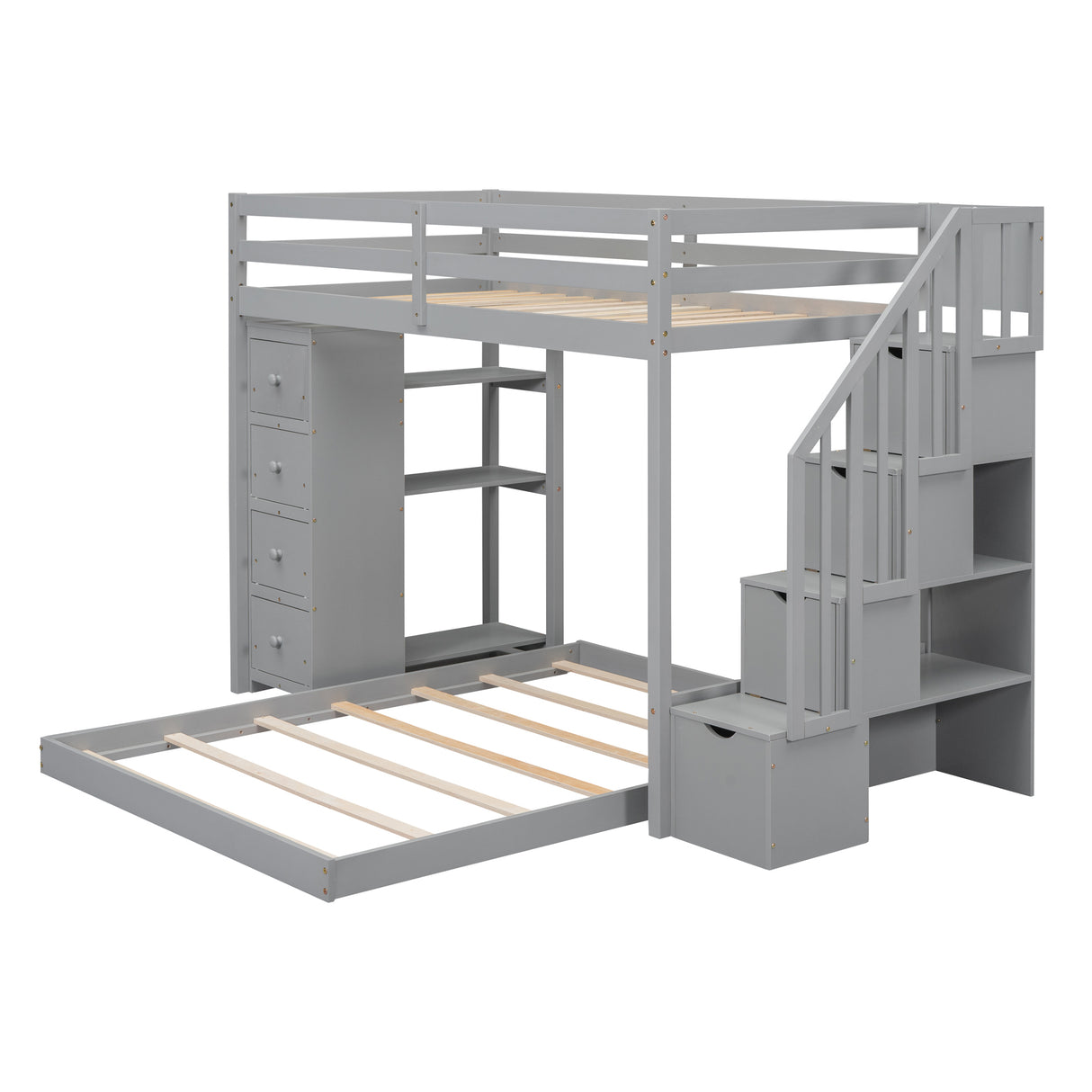 Twin Over Full Bunk Bed with 3-layer Shelves, Drawers and Storage Stairs, Gray - Home Elegance USA