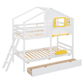 Twin Over Twin Bunk Bed with Playhouse Roof and Window, White, Solid Wood