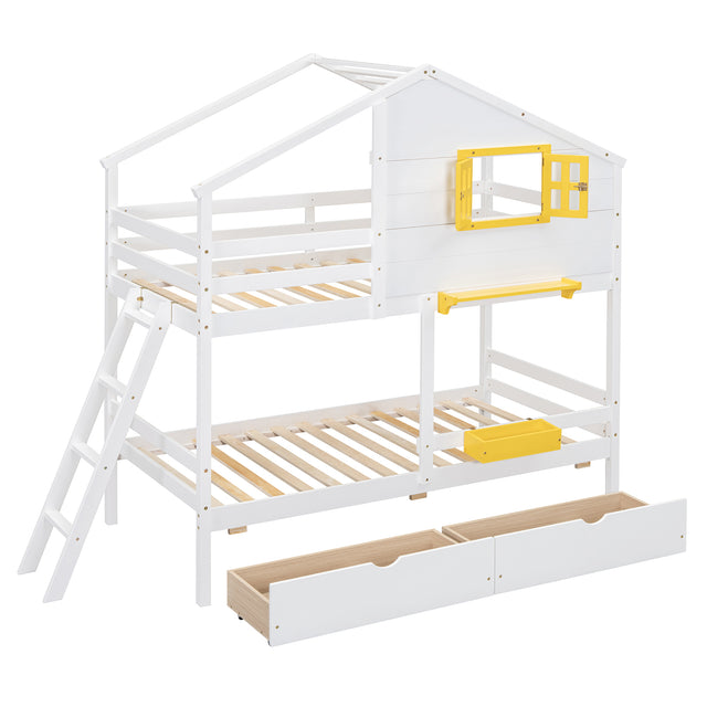 Twin Over Twin Bunk Bed with Playhouse Roof and Window, White, Solid Wood