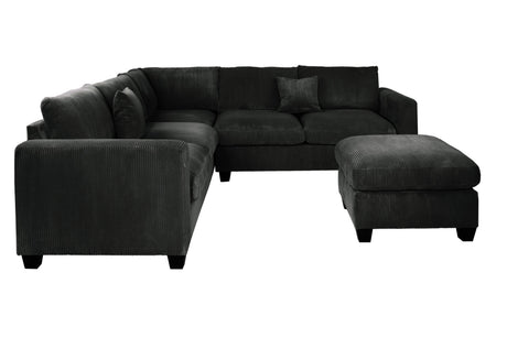 Modern Style L-Shaped 4pc Sectional Set Cocktail Ottoman Square Arms Throw Pillow Corduroy Upholstered Black Finish Primary Living Room - sold by Home Elegance USA