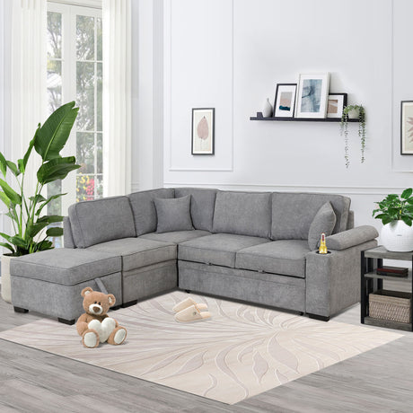 Modern Sleeper Sofa Bed with Storage Ottoman, Gray Linen, 84.75' L Shape Couch for Living Room or Apartment - sold by Home Elegance USA