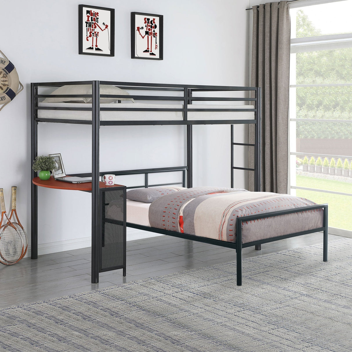 2 Pc Set (Loft Bed + Twin Bed) - Fisher 2-piece Metal Workstation Loft Bed Set Gunmetal