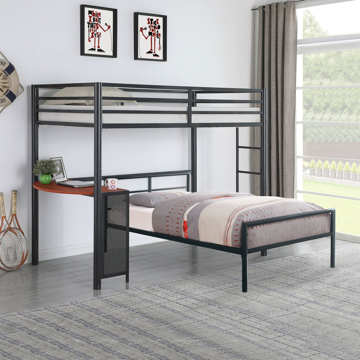 2 Pc Set (Loft Bed + Twin Bed) - Fisher 2 - piece Metal Workstation Loft Bed Set Gunmetal - Loft Beds - 460229 - S2T - image - 2