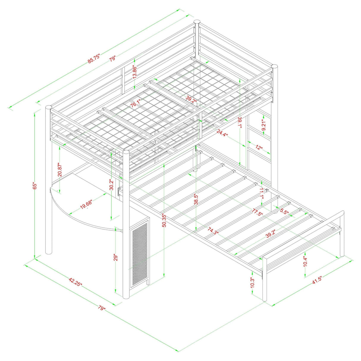 2 Pc Set (Loft Bed + Twin Bed) - Fisher 2 - piece Metal Workstation Loft Bed Set Gunmetal - Loft Beds - 460229 - S2T - image - 8