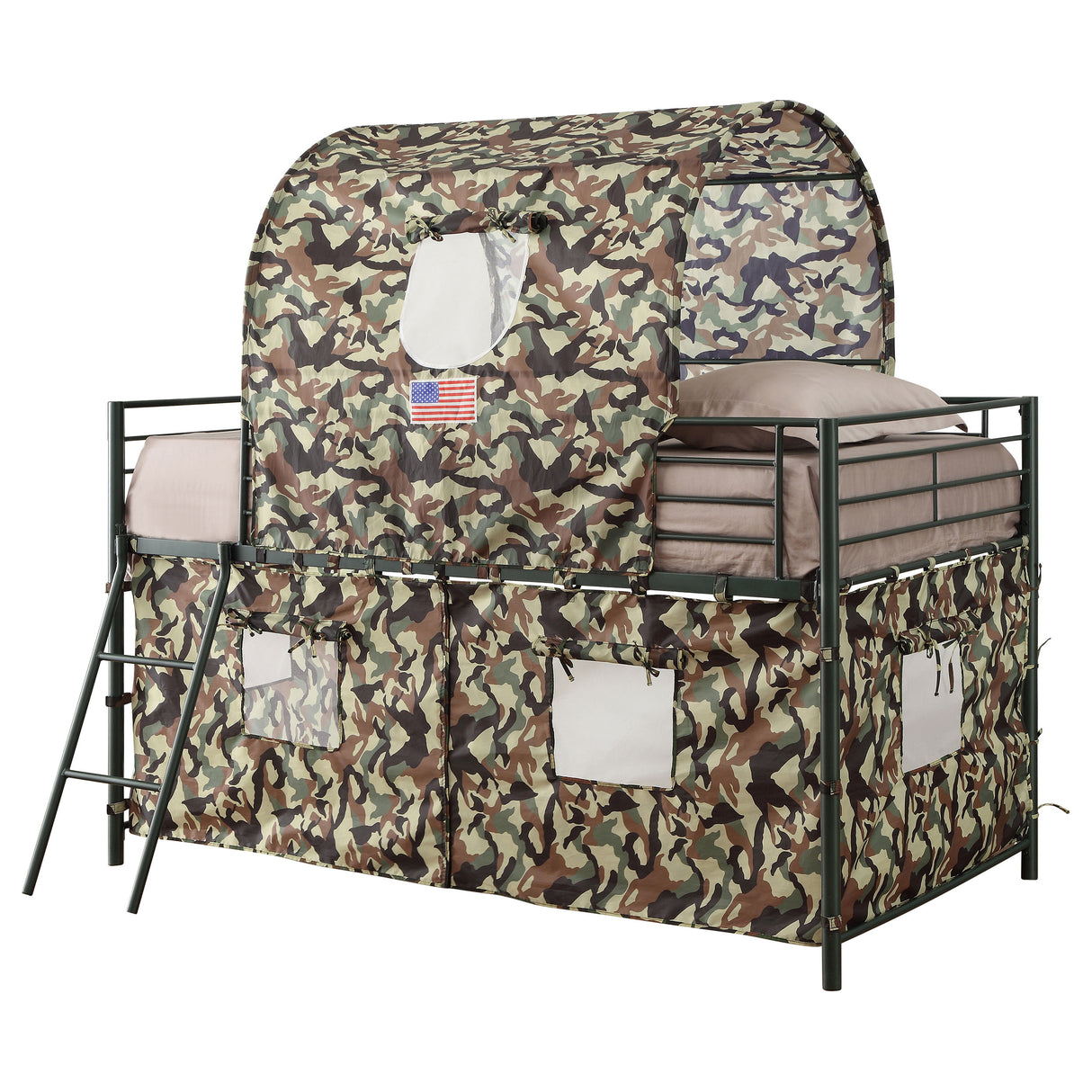 Twin Workstation Loft Bed - Camouflage Tent Loft Bed with Ladder Army Green